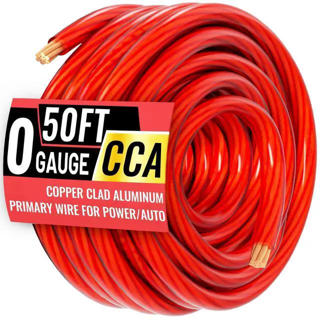 Main image of 0 Gauge Wire 50FT Red Copper Clad Aluminum CCA Battery Cable, Primary Power/Ground Cable for Car Audio Speaker, RV Trailer, Amp, Inverter RV Truck, Marine, Solar Equipment, Translucent Jacket