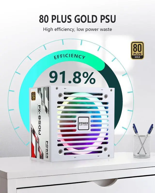 Alt view image 2 of 5 - POINWER 850W PSU Fully Modular 850 Watt Power Supply, 80 Plus Gold, Silent RGB Fan, 105C Capacitors, High Efficiency for Gaming & Workstations - White
