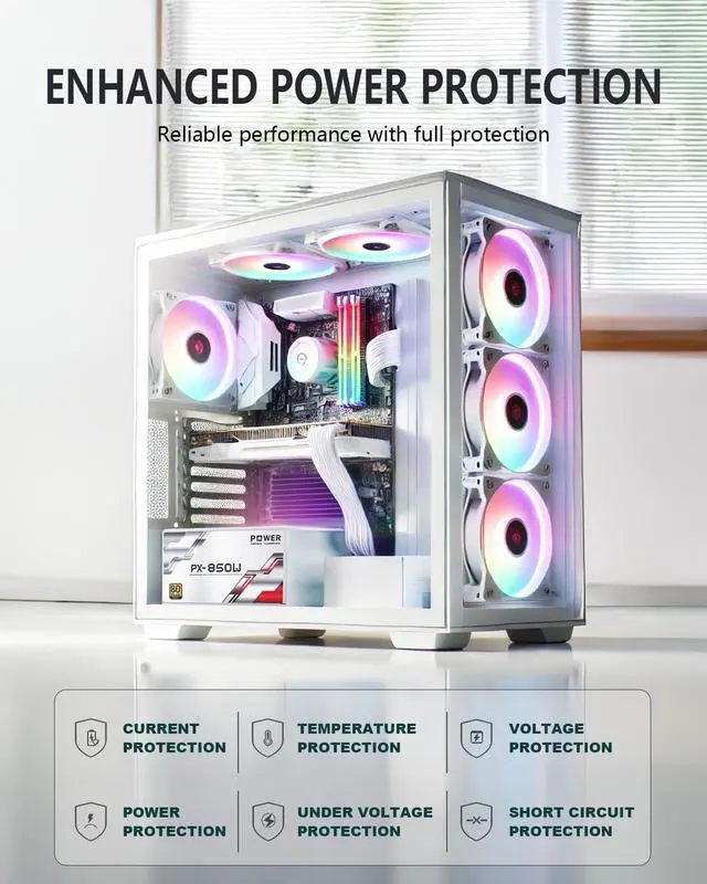 Alt view image 5 of 5 - POINWER 850W PSU Fully Modular 850 Watt Power Supply, 80 Plus Gold, Silent RGB Fan, 105C Capacitors, High Efficiency for Gaming & Workstations - White