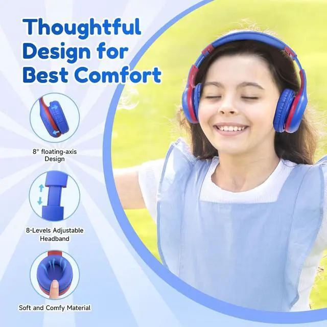 Alt view image 5 of 5 - EarFun K2 Kids Bluetooth Headphones, Kids Headphones with Volume Limited, 40H Playtime, Built-in Mic, Stereo Sound, Foldable Over-Ear Headphone for School/Travel/iPad/Tablet, Blue
