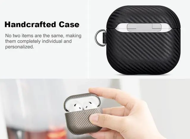 Alt view image 3 of 5 - Haobobro Leather Case for AirPods 4 / AirPods 4 with Active Noise Cancellation Case Cover with Keychain - Selected Skin-Friendly Leather, Carbon Fibre Texture, Handmade Shockproof Hard Cover - Black