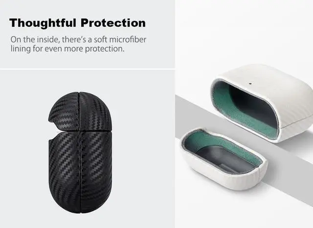 Alt view image 4 of 5 - Haobobro Leather Case for AirPods 4 / AirPods 4 with Active Noise Cancellation Case Cover with Keychain - Selected Skin-Friendly Leather, Carbon Fibre Texture, Handmade Shockproof Hard Cover - Black