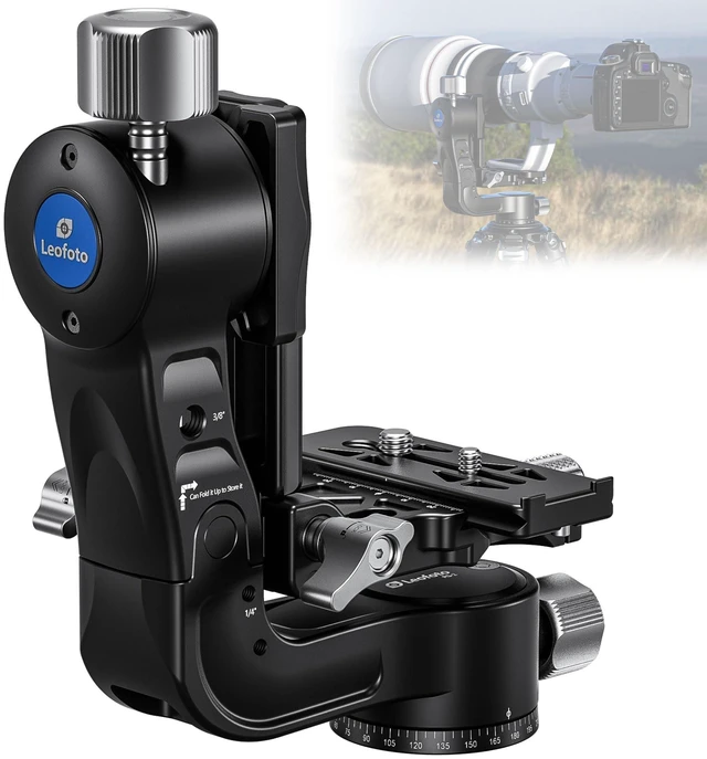 Main image of Leofoto Camera Gimbal Head, Aluminum Folding Gimbal Head with 3/8"-16 Hole and 1/4"-20 Threaded for Mounting Tripod/LED Panels/Monitors/Microphones, Max Load to 25kg/55.12lb (PG-2-Black)