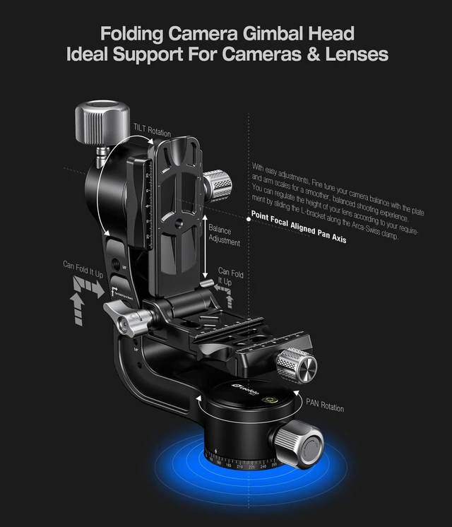 Alt view image 2 of 5 - Leofoto Camera Gimbal Head, Aluminum Folding Gimbal Head with 3/8"-16 Hole and 1/4"-20 Threaded for Mounting Tripod/LED Panels/Monitors/Microphones, Max Load to 25kg/55.12lb (PG-2-Black)
