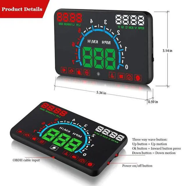 Alt view image 2 of 4 - Head up Display Car Universal Dual System HUD OBD II Interface,Vehicle Speed MPH KM/h,Engine RPM,OverSpeed Warning,Mileage Measurement,Water Tempeure,Voltage
