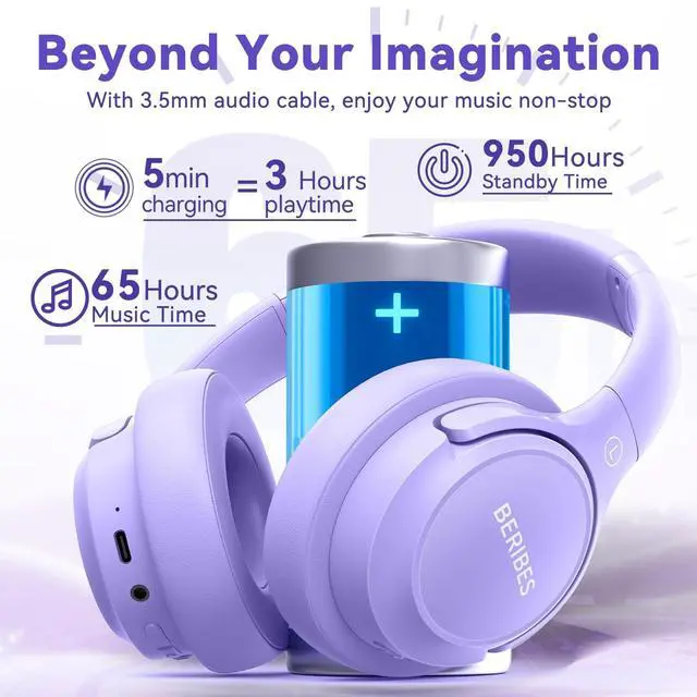 Alt view image 5 of 5 - BERIBES Bluetooth Headphones Over Ear, 65H Playtime and 6 EQ Music Modes Wireless Headphones with Microphone, HiFi Stereo Foldable Lightweight Headsets, Deep Bass for Home Office Cellphone PC E