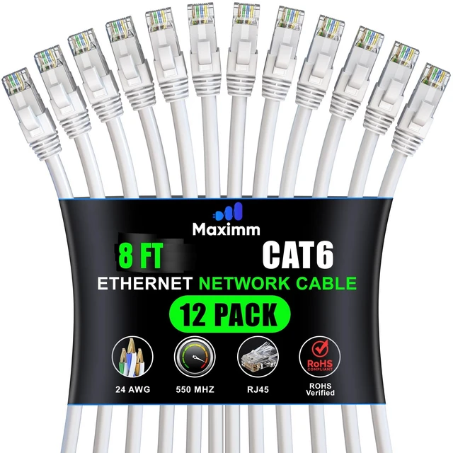 Main image of Maximm Cat6 Ethernet Cable 8 Ft, 10 Gbps 550 MHz, White, 12 Pack