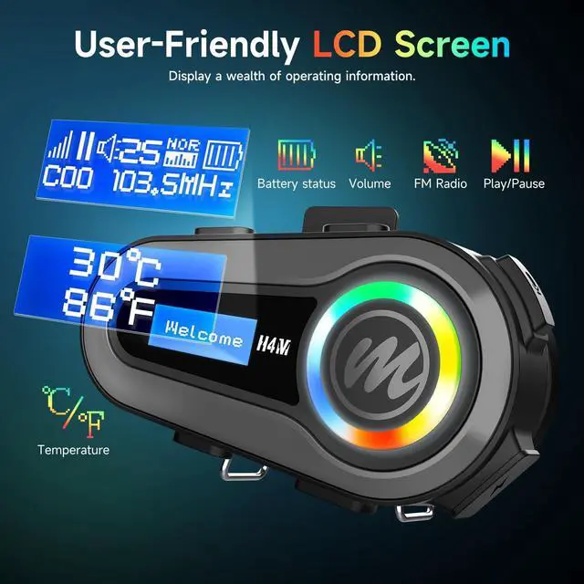 Alt view image 2 of 5 - Moman Motorcycle Helmet Headsets Speaker, HandsFree Hi-Fi Speakers Dual Noise Cancellation with Loud Sound, Voice Assistant IPX6 Waterproof with RGB FM Radio for All Helmets and Solo Riding (H4M)