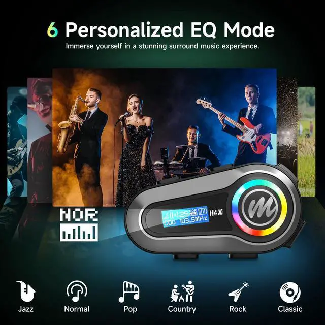 Alt view image 5 of 5 - Moman Motorcycle Helmet Headsets Speaker, HandsFree Hi-Fi Speakers Dual Noise Cancellation with Loud Sound, Voice Assistant IPX6 Waterproof with RGB FM Radio for All Helmets and Solo Riding (H4M)
