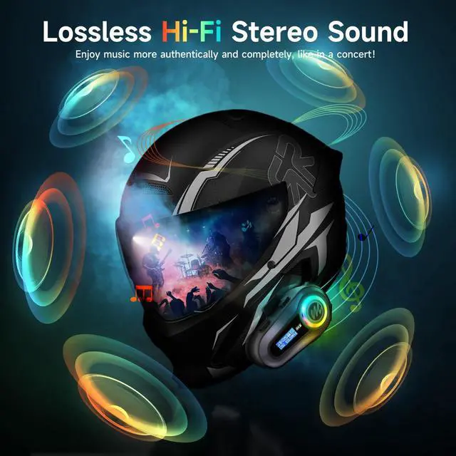 Alt view image 4 of 5 - Moman Motorcycle Helmet Headsets Speaker, HandsFree Hi-Fi Speakers Dual Noise Cancellation with Loud Sound, Voice Assistant IPX6 Waterproof with RGB FM Radio for All Helmets and Solo Riding (H4M)