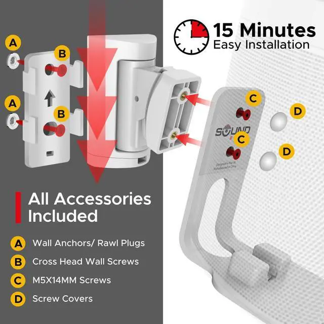 Alt view image 3 of 5 - Sound Bass ONE Wall Mount Bracket, Tilt and Swivel, White, Single (1pc), Compatible with Sonos ONE, ONE Gen 2, ONE SL & Play:1, Effortless Installation, Includes Mounting Kit