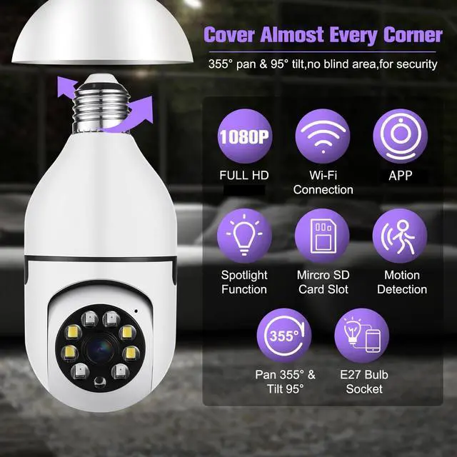 Alt view image 2 of 5 - ratolo Security Camera Indoor Wireless WiFi Outdoor Home E27 360 Degree Panoramic Home Security Cameras IP Camera Motion Detection and Alarm Two-Way Audio 2pack-64GB