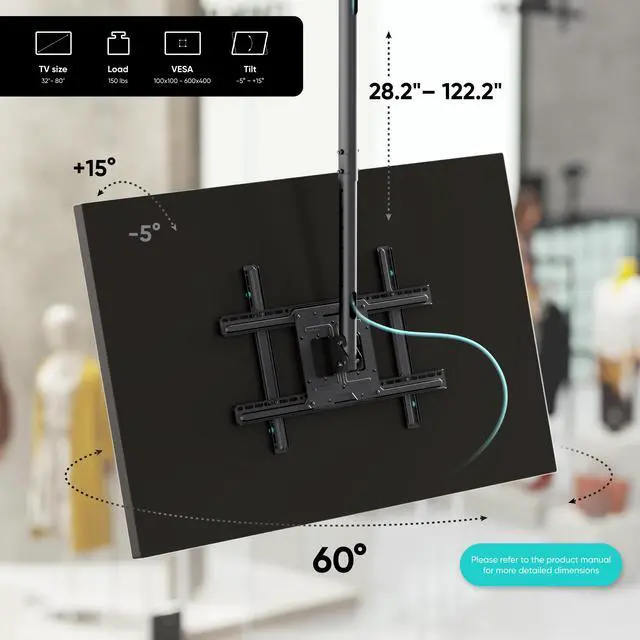 Alt view image 5 of 5 - ONKRON Ceiling TV Mount for 32-80 Inch Screen up to 150 lbs, Extra Long, Height Adjustable Hanging TV Mount Swivel Tilt, VESA 100x100-600x400, Full Motion Ceiling Mount TV Bracket Drop Down, Black