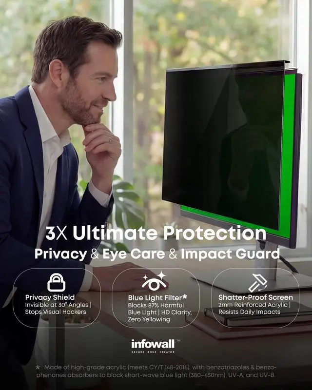 Alt view image 4 of 5 - 2-Pack 24 Inch Hanging Privacy Screen Protector for Monitor (Fits 23-24 Inch Frameless), 30+ Full Privacy & 95% Light Blocking, Instant Setup, 87% Blue Light & 97% UV Block, Office Data Security & Eye