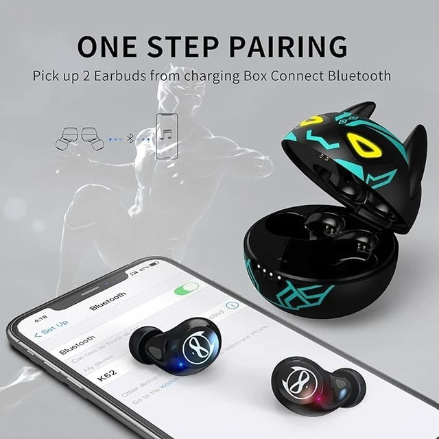 Alt view image 5 of 5 - Jinpei Kids Wireless Earbuds for Small Ears, Touch Control Headset Stereo Sound in-Ear Wireless Headphones, Bluetooth 5.0 Noise Reduction Earphones with Black Blue Cartoon Blinking EyesJ
