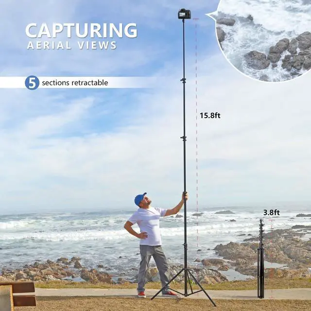 Alt view image 2 of 5 - 16' Heavy Duty RAUBAY Extreme Tall Video Camera Sports Tripod Stand Air-Cushioned Telescoping Aluminium Alloy Light Stand with 1/4"& 3/8" Screw Adapter, Professional Sky High Tripod - TT480 Black