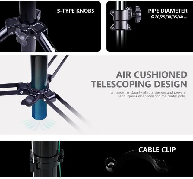 Alt view image 5 of 5 - 16' Heavy Duty RAUBAY Extreme Tall Video Camera Sports Tripod Stand Air-Cushioned Telescoping Aluminium Alloy Light Stand with 1/4"& 3/8" Screw Adapter, Professional Sky High Tripod - TT480 Black