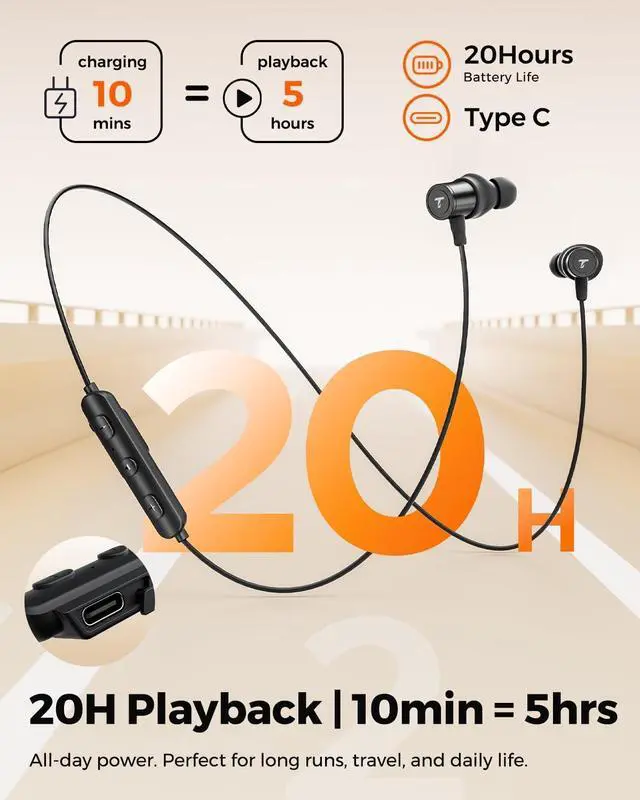 Alt view image 3 of 5 - Truefree HD-100 Wireless Earbuds, Bluetooth 6.0 Neckband Headphones, Magnetic Wireless Earphones, 11mm Driver Spatial Audio, Multipoint Connection, 20 Hours of Battery Life, IP67 Waterpr