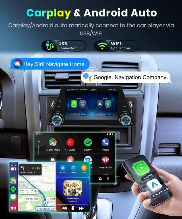 Alt view image 2 of 5 - Wireless Carplay Single Din Radio with Wireless Android Auto,Podofo 5 HD Touchscreen Car Stereo Support Bluetooth FM Radio Mirror Link/USB/TF/AUX,Car Audio Receivers with Backup Camera