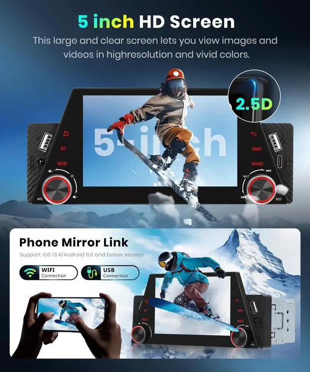 Alt view image 3 of 5 - Wireless Carplay Single Din Radio with Wireless Android Auto,Podofo 5 HD Touchscreen Car Stereo Support Bluetooth FM Radio Mirror Link/USB/TF/AUX,Car Audio Receivers with Backup Camera