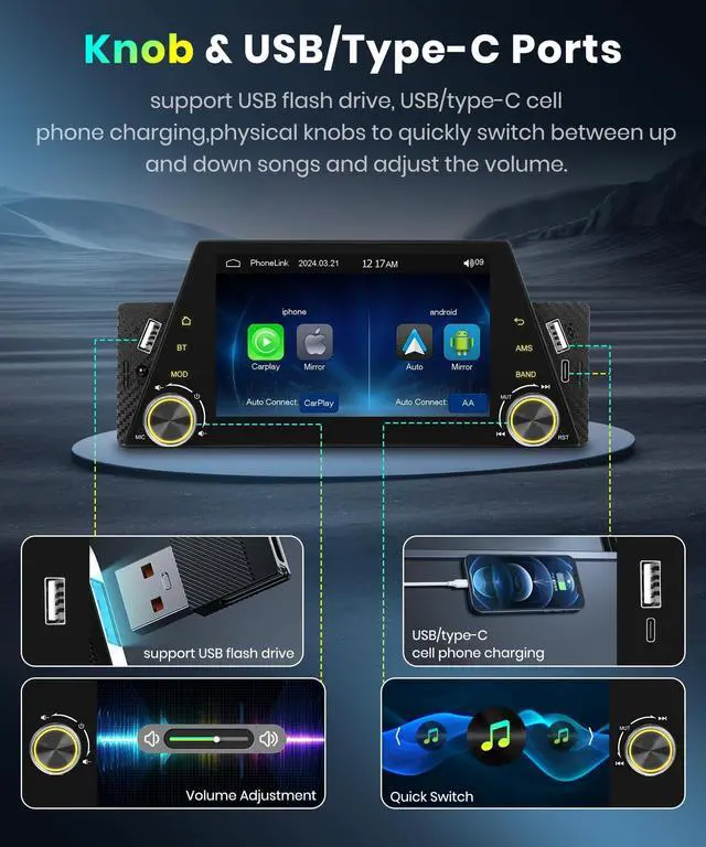 Alt view image 5 of 5 - Wireless Carplay Single Din Radio with Wireless Android Auto,Podofo 5 HD Touchscreen Car Stereo Support Bluetooth FM Radio Mirror Link/USB/TF/AUX,Car Audio Receivers with Backup Camera