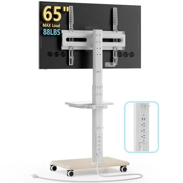 Main image of AX WABER Mobile TV Stand with Power Outlets&Shelf, Floor Portable TV Stand with Wheels for 27-65Inch LCD LED OLED Flat/Curved Panel Screen, Swivel,Height Adjustable&Wood Base, RollingTV Cart White