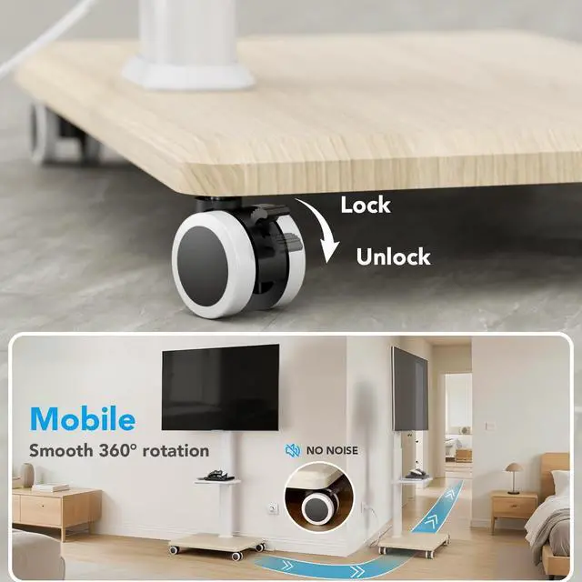 Alt view image 5 of 5 - AX WABER Mobile TV Stand with Power Outlets&Shelf, Floor Portable TV Stand with Wheels for 27-65Inch LCD LED OLED Flat/Curved Panel Screen, Swivel,Height Adjustable&Wood Base, RollingTV Cart White