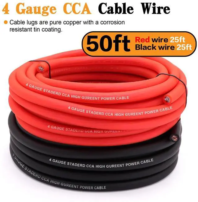 Alt view image 2 of 5 - Taukealugs 4 Gauge Wire Copper Clad Aluminum CCA 50FT Black/Red with 4ga lugs and Heat Shrink Tube - Battery Power/Ground Cable,Car Audio Speaker,RV Trailer Amp Wiring kit