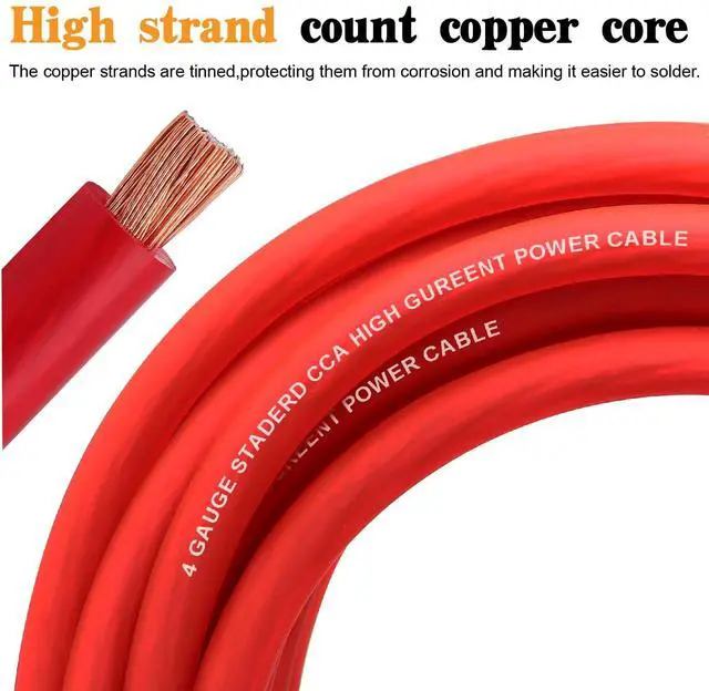 Alt view image 3 of 5 - Taukealugs 4 Gauge Wire Copper Clad Aluminum CCA 50FT Black/Red with 4ga lugs and Heat Shrink Tube - Battery Power/Ground Cable,Car Audio Speaker,RV Trailer Amp Wiring kit