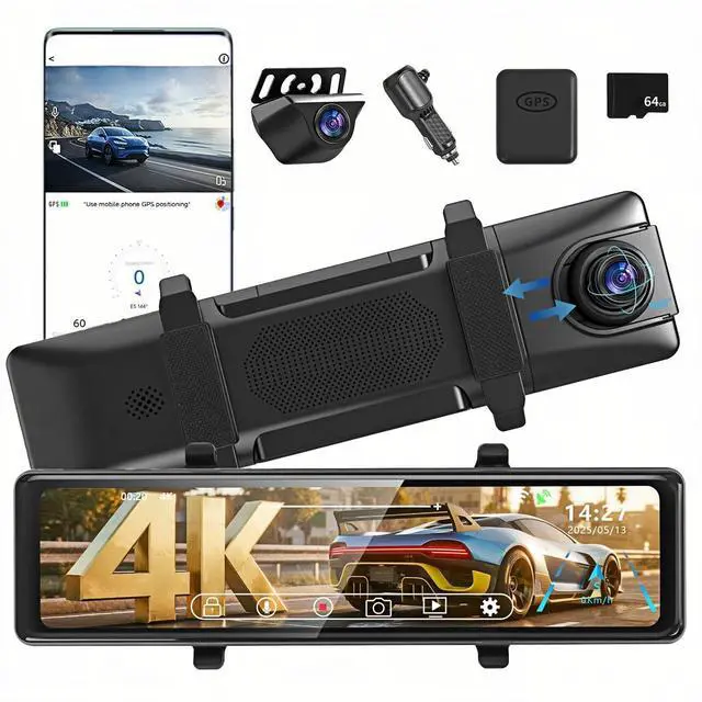 Main image of 12" Rear View Mirror Camera 4K + 2K Mirror Dash Cam Front and Rear with STARVIS Night Vision Rearview Mirror Backup Camera, WDR, G-Sensor, Loop Recording, GPS, App, 64GB Card