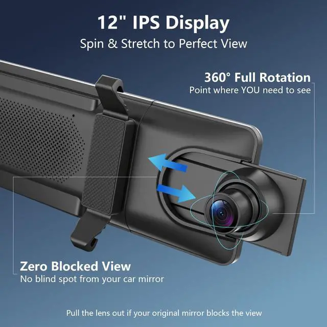 Alt view image 3 of 5 - 12" Rear View Mirror Camera 4K + 2K Mirror Dash Cam Front and Rear with STARVIS Night Vision Rearview Mirror Backup Camera, WDR, G-Sensor, Loop Recording, GPS, App, 64GB Card