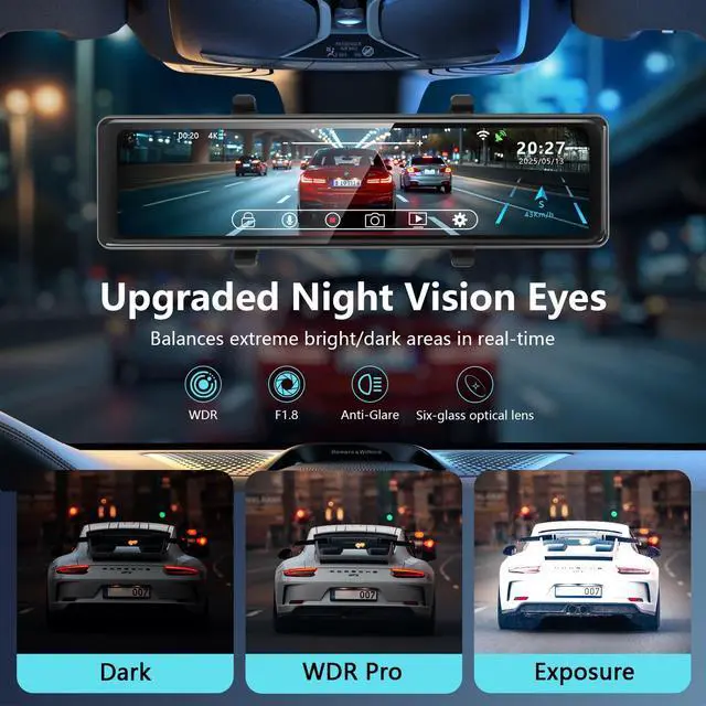 Alt view image 4 of 5 - 12" Rear View Mirror Camera 4K + 2K Mirror Dash Cam Front and Rear with STARVIS Night Vision Rearview Mirror Backup Camera, WDR, G-Sensor, Loop Recording, GPS, App, 64GB Card