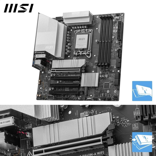Alt view image 3 of 5 - MSI PRO B860M-A WiFi Motherboard, mATX - Supports Intel Core Ultra Processors (Series 2), LGA 1851-12 DRPS, DDR5 Memory Boost (8600+ MT/s OC), PCIe 5.0 x16 & 4.0 x16, M.2 Gen5, Wi-Fi 7, 5G LAN