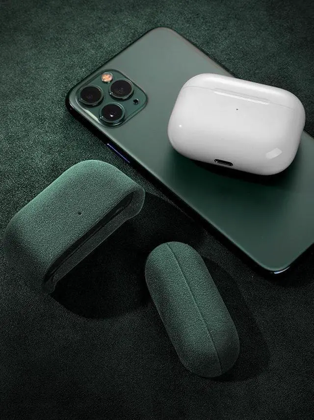 Alt view image 4 of 5 - Suede Microfiber Leather Headphone Case Full Wrap Handmade Cover for AirPods (Dark Green, Airpod Pro 3rd Generation)