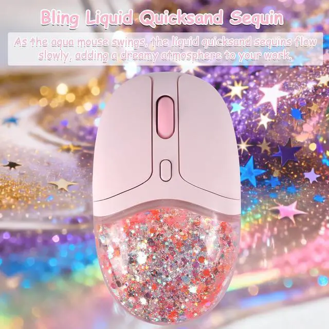 Alt view image 2 of 5 - Wireless Mouse with Liquid Quicksand Sequins 2.4GHz & Bluetooth Dual Mode Rechargeable Silent Cute Aqua Mouse with LED Light Portable Water Mice for Laptop PC Tablet MacBook Kids Adults Gift (P