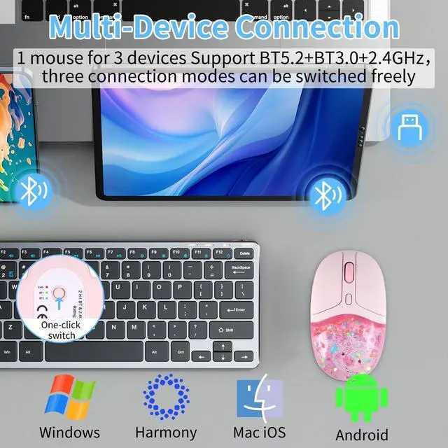 Alt view image 3 of 5 - Wireless Mouse with Liquid Quicksand Sequins 2.4GHz & Bluetooth Dual Mode Rechargeable Silent Cute Aqua Mouse with LED Light Portable Water Mice for Laptop PC Tablet MacBook Kids Adults Gift (P