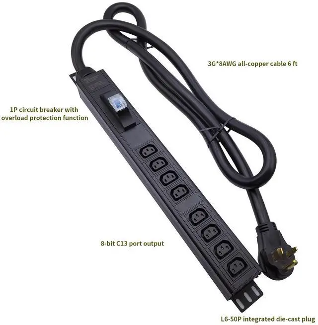 Alt view image 2 of 5 - L6-50P 50 Ampere Rack Mounted PDU Power Socket with 8-Position C13 Socket Output Circuit Breaker Protection, Aluminum Alloy Shell 6-Foot 8AWG Cable (C13-08-S)