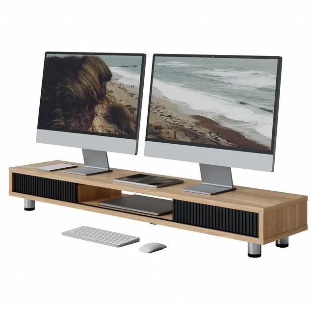 Main image of Fenge Dual Monitor Stand, 42.5inch Long Monitor Stands Riser for 2 Monitors, Glass Sliding Door with Storage Organizer Stand for Desk, 2 Tier Desk Shelf for Laptop, Pc, Printer, Computer, TV