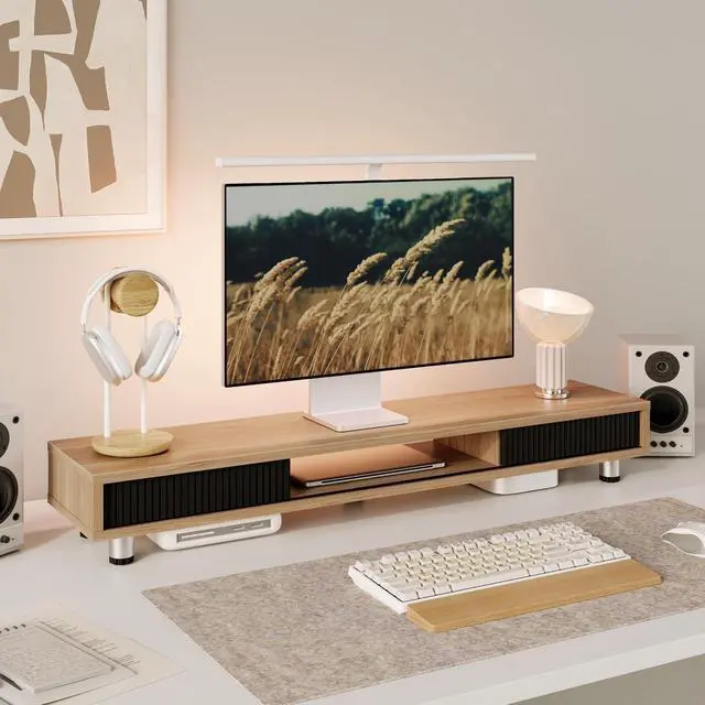 Alt view image 2 of 5 - Fenge Dual Monitor Stand, 42.5inch Long Monitor Stands Riser for 2 Monitors, Glass Sliding Door with Storage Organizer Stand for Desk, 2 Tier Desk Shelf for Laptop, Pc, Printer, Computer, TV
