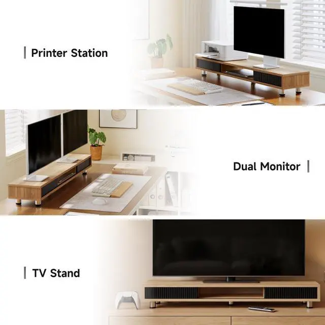 Alt view image 5 of 5 - Fenge Dual Monitor Stand, 42.5inch Long Monitor Stands Riser for 2 Monitors, Glass Sliding Door with Storage Organizer Stand for Desk, 2 Tier Desk Shelf for Laptop, Pc, Printer, Computer, TV