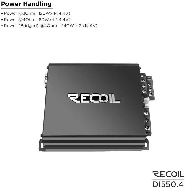 Alt view image 3 of 5 - Recoil DI550.4 Full-Range Class-D 4-Channel Car Audio Amplifier, 1,040 Watts Max Power, 2-4 Ohm Stable, Mosfet Power Supply, Bridgeable