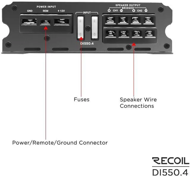 Alt view image 5 of 5 - Recoil DI550.4 Full-Range Class-D 4-Channel Car Audio Amplifier, 1,040 Watts Max Power, 2-4 Ohm Stable, Mosfet Power Supply, Bridgeable