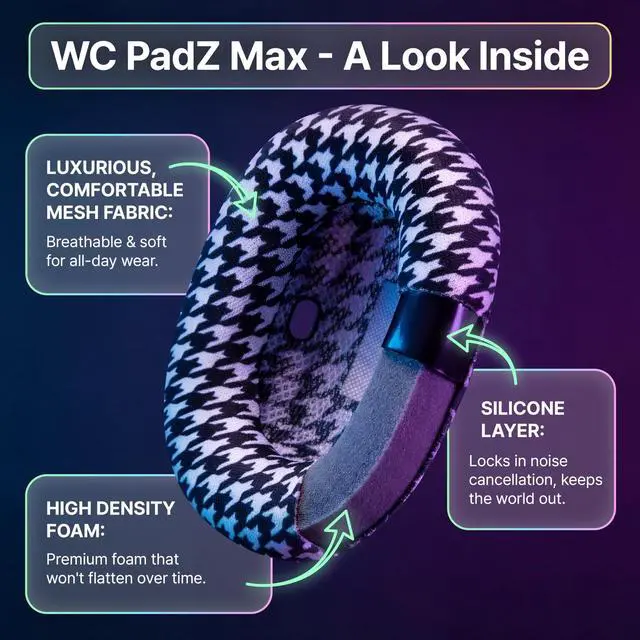 Alt view image 3 of 5 - WC PadZ Max Ear Cushions Compatible with AirPods Max 1 & 2, Made by Wicked Cushions ^^ Soft Fabric, Enhanced Comfort & Unique Style ^^ Houndstooth