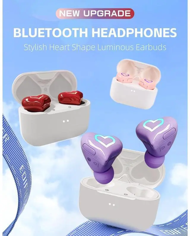 Alt view image 2 of 5 - Yoidesu Heart Shaped Earbuds, Cute Stylish HiFi Stereo Bluetooth Headphones with Charging Case and Color Gradient Light, Noise Canceling Cordless Earphone, Gifts for Girls (Rose)