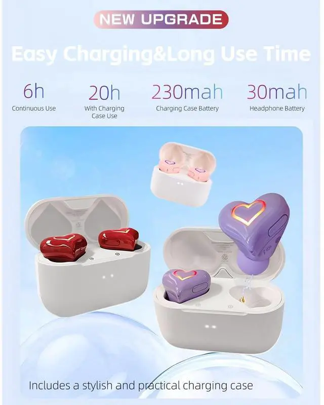 Alt view image 5 of 5 - Yoidesu Heart Shaped Earbuds, Cute Stylish HiFi Stereo Bluetooth Headphones with Charging Case and Color Gradient Light, Noise Canceling Cordless Earphone, Gifts for Girls (Rose)