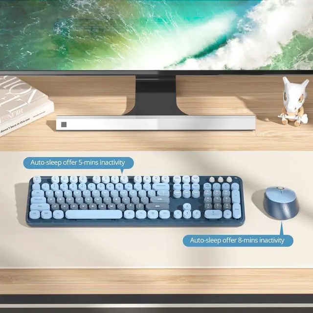 Alt view image 4 of 5 - SbocKeeb Wireless Keyboard and Mouse Set, Retro Typewriter, 2.4GHz Full Size 104-Key Cute Keyboard with Number Pad, Colorful with Round Keycaps for Windows PC Laptop(Sea Blue)