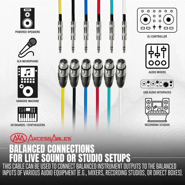 Alt view image 2 of 5 - AxcessAbles XLR Female to 1/4" TRS Balanced 15ft Speaker Color Cable Pack ^^ Balanced Speaker, Microphone Snake Cords (15ft - 6 Pack)