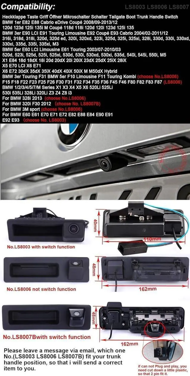 Alt view image 2 of 4 - 170 Degree Parking Reverse Camera,Trunk Handle Rear View Backup Camera with Switch Replacement for BMW 1/2/3/4/5/6/7/M Series X1 X3 X4 X5 X6 520Li 525Li (LS8007B)