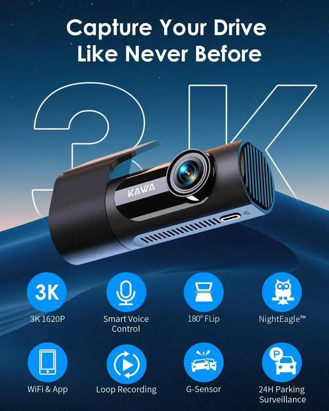 Alt view image 2 of 5 - KAWA 3K Dash Cam Front, 32GB SD Card Included, Voice Control, Built-in Wi-Fi, 24/7 Parking Mode, G-Sensor, Night Vision, Loop Recording, App Control, 4K Dashcam for Cars, Truck, RV, SUV, Van
