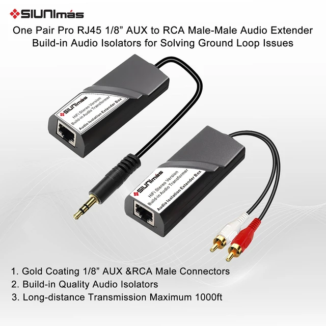 Alt view image 2 of 5 - SIUNIMAS Pro RJ45 1/8 AUX to RCA Male-Male Audio Converter Extender Box Build-in Audio Isolators Connecting Over Cat5 / Cat6 etc (Audio Extender RJ45-(AUX M-RCA M))
